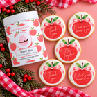 Baked By Danelle teacher appreciation cookie canister with five apple-themed vanilla bean cookies decorated with red apples and pink bows